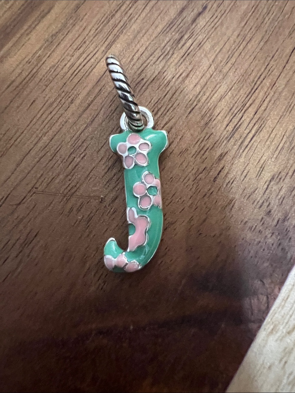 Brighton Kids Enamel 'J' Pendant in Green and Pink Floral
